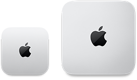 Zwei Mac mini Geräte, Oberseite, Aluminium in Silber, gerundete Ecken, glänzendes schwarzes Apple Logo in der Mitte, das Gerät auf der linken Seite ist die neuere Version und nicht mal halb so groß wie das Gerät auf der rechten Seite